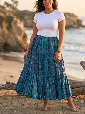 Alfredo’s Wife tiered maxi skirt blue green patchwork batik vintage boho cotton
